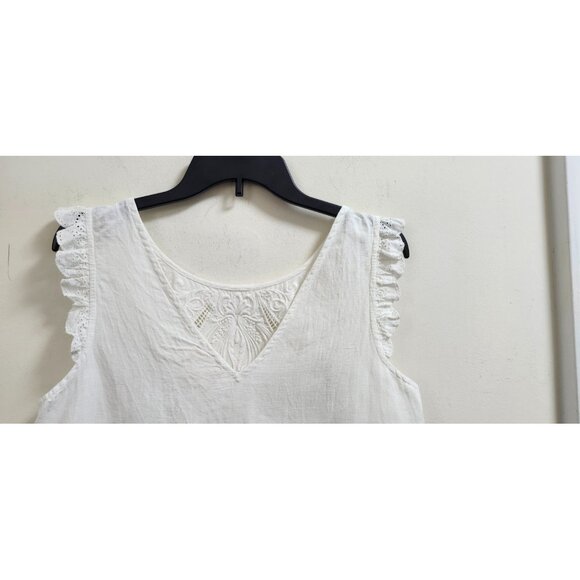 Sézane White Linen Embroidered Dress Size 40 Eyelet Ruffle Trim Mini Tunic Boho - Picture 6 of 12